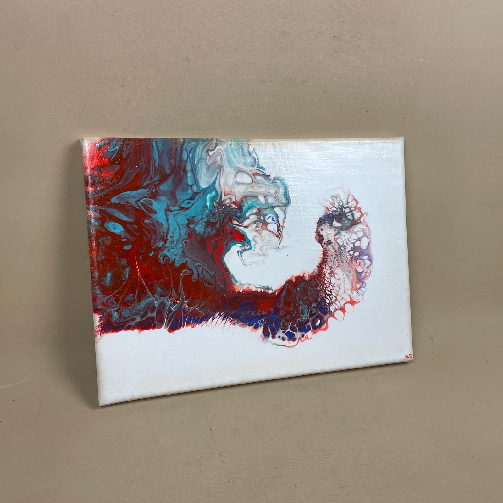 Vintage Marbled Painting Picture Original Artwork On Canvas Marble Pattern Wood Frame Painted Art Rectangle 31x22.7cm Wall Hanging Marbling photo for sale