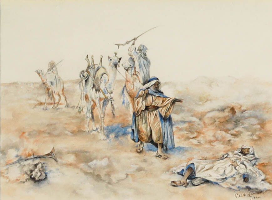 Edith Lawson Framed 1900 Watercolour, Assassination In The Desert photo furniture