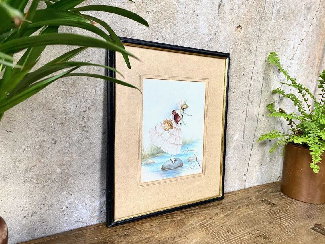 Antique R Mcfarlane Watercolour Painting Lady By A River Signed photo furniture