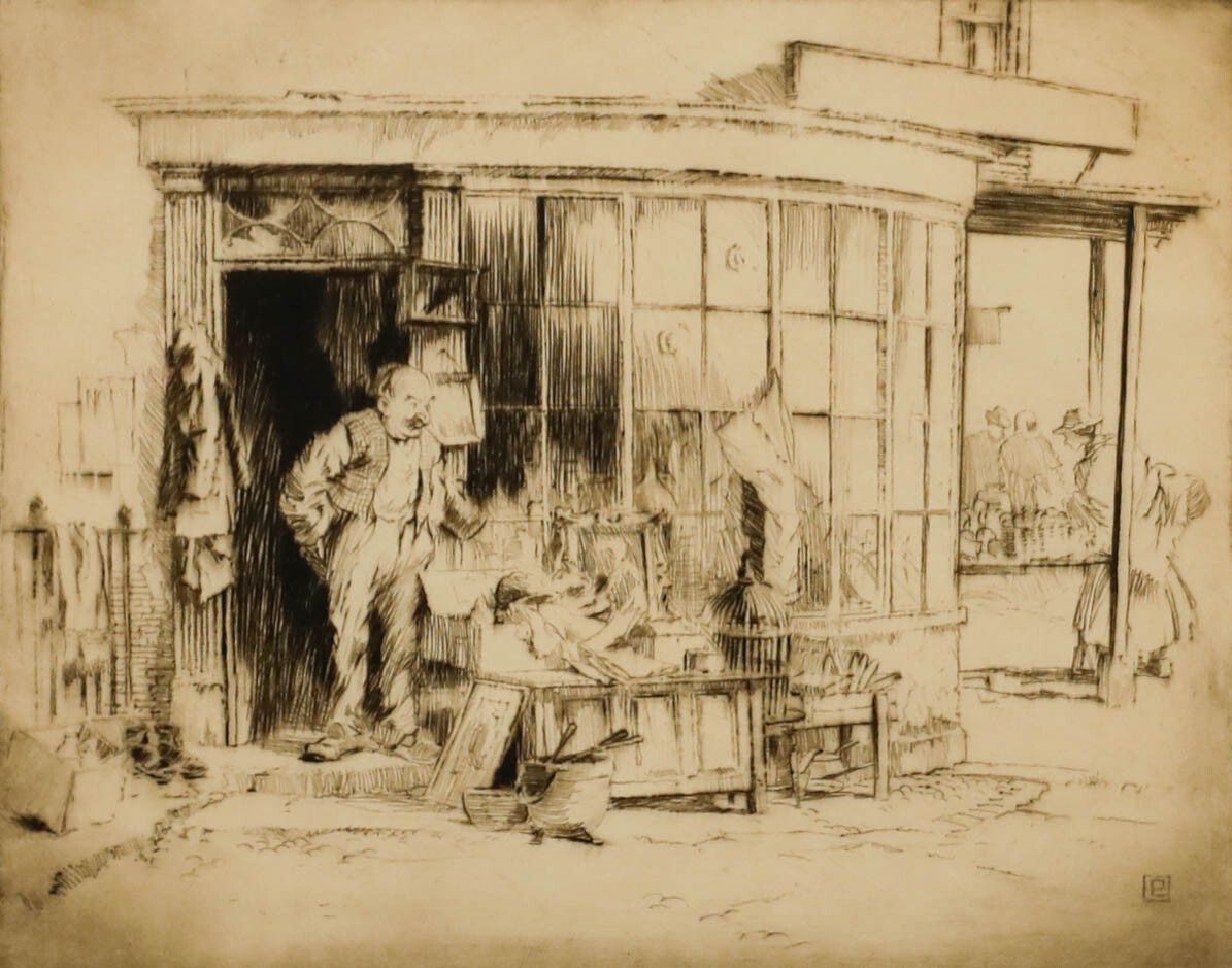 Percy Lancaster (1878 1951) Framed Etching, The Antiques Dealer photo furniture
