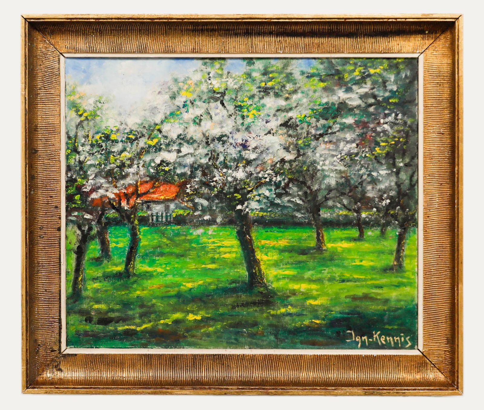 Jan Kennis Framed 20th Century Oil, Orchard In Blossom