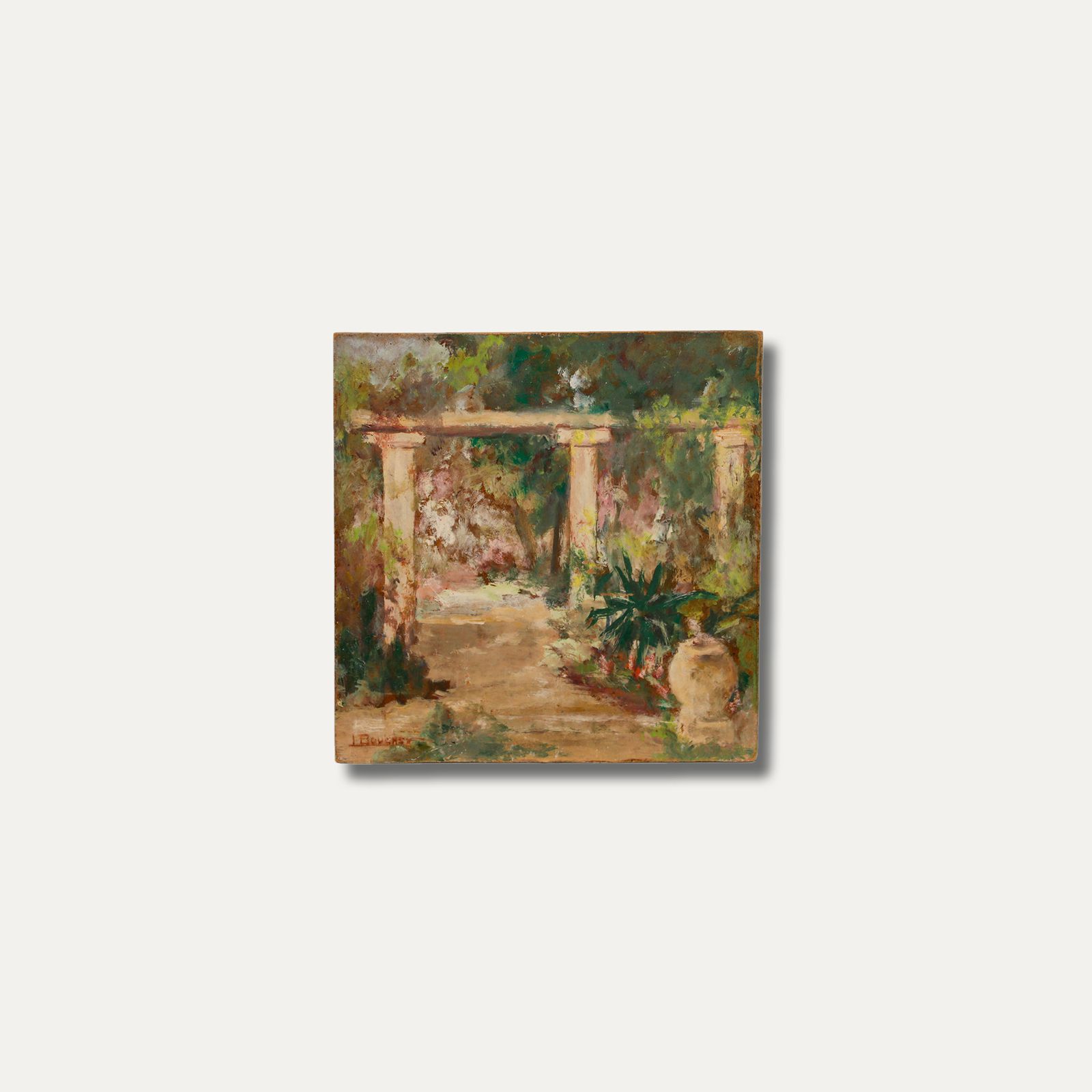 I. Boucher Mid 20th Century Oil, Dans Le Jardin photo vinterior