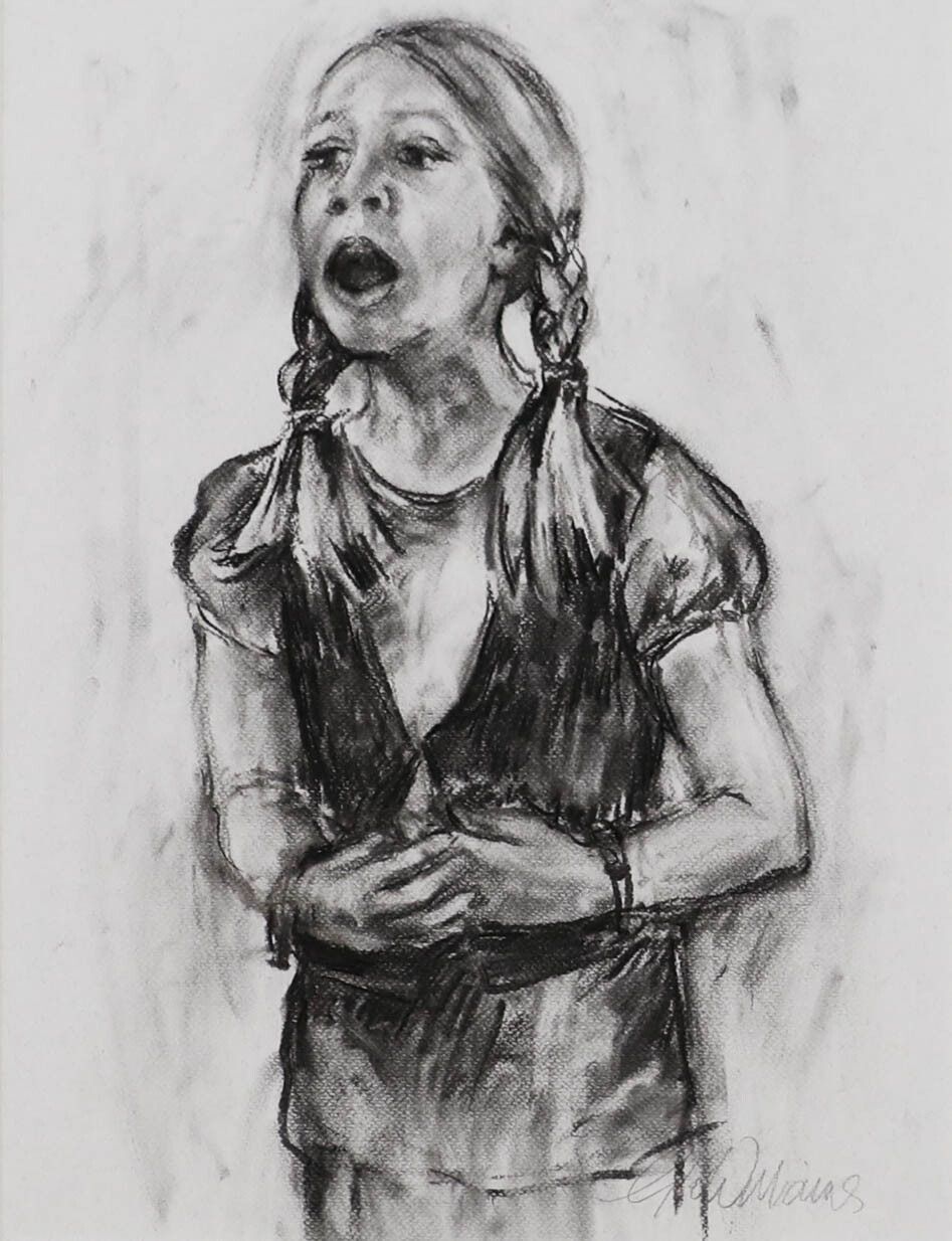 Glo Williams (B.1940) 20th Century Charcoal Drawing, Singing Girl photo furniture
