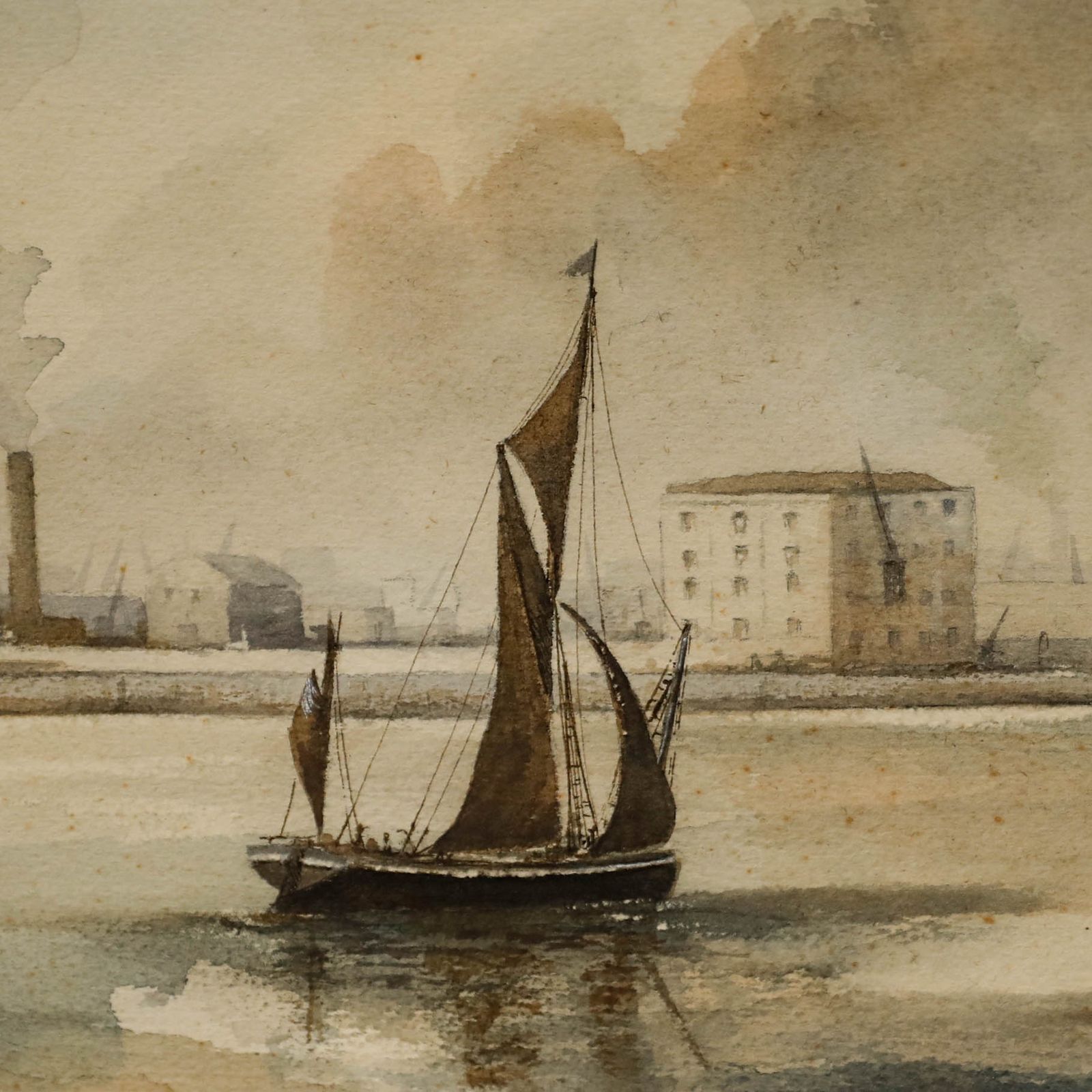 Annette Johnson Framed Mid 20th Century Watercolour, Boat Near Docklands photo Art