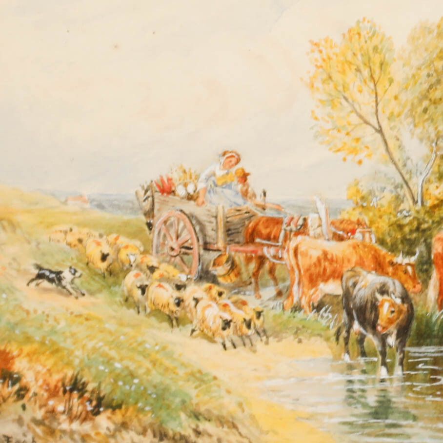 W. Foster Late 19th Century Watercolour, Farming Couple  & Their Livestock photo Art