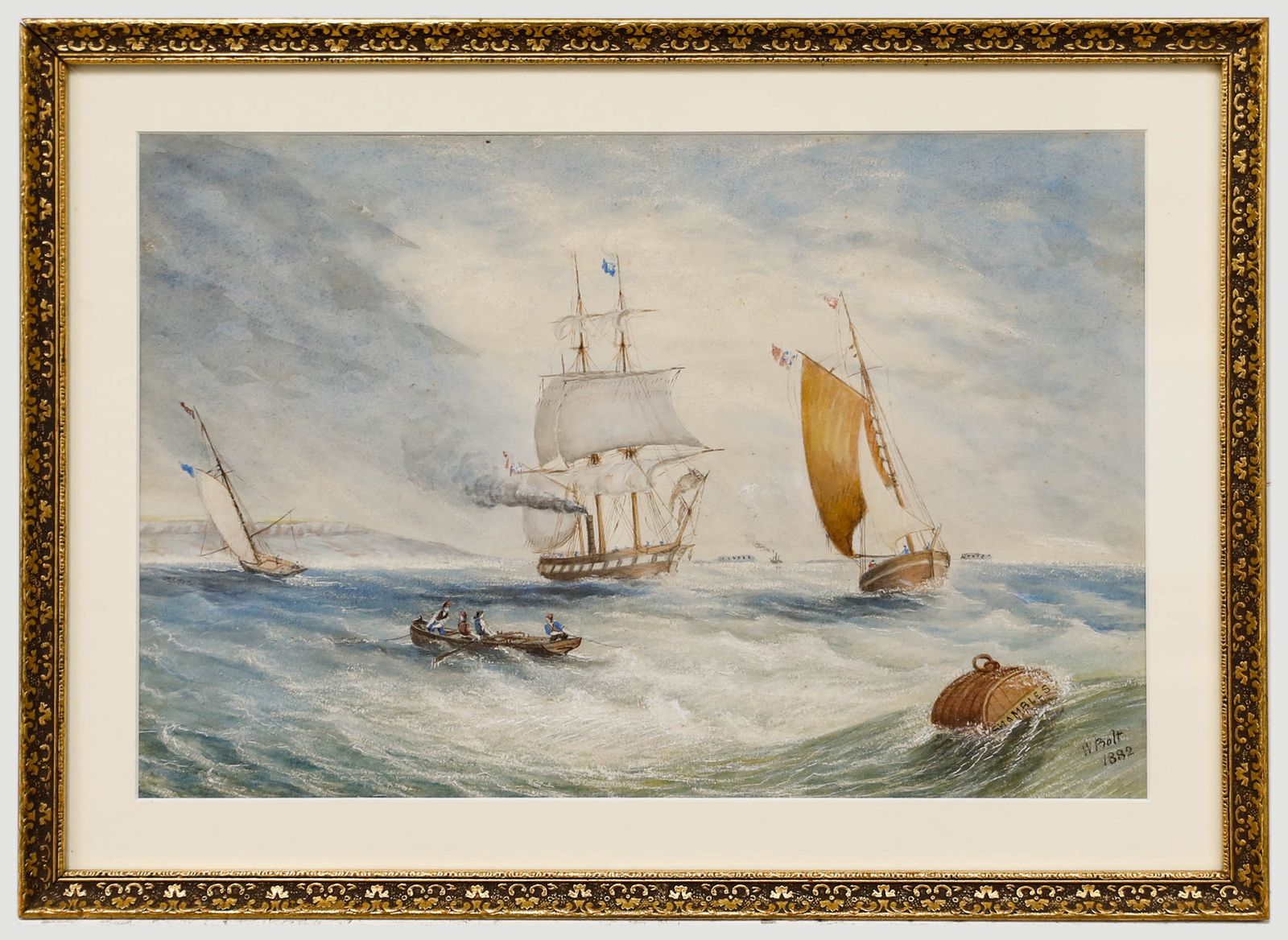 W. Bolt Framed Late 19th Century Watercolour, Ships Off A Choppy Coastline