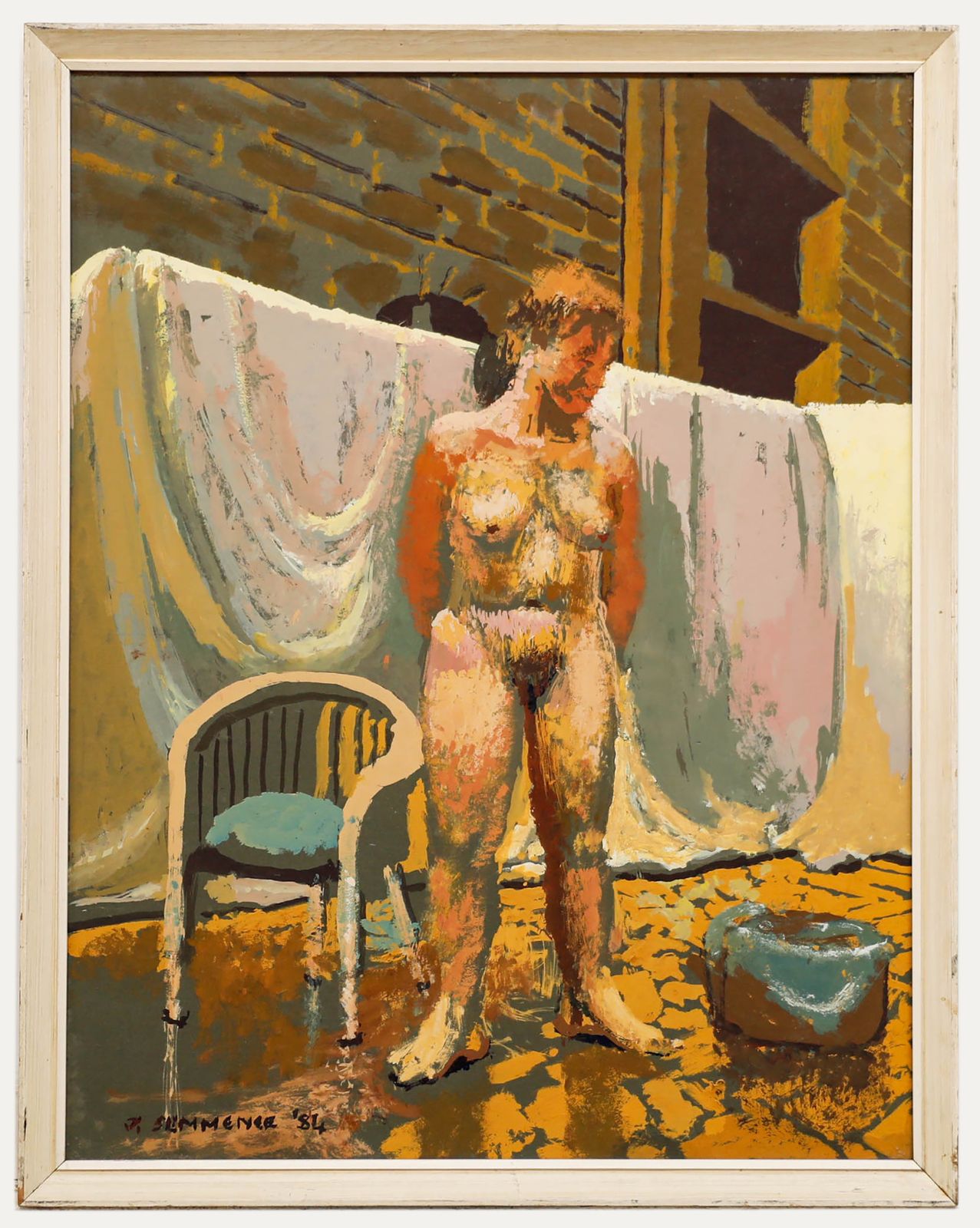 John Semmence (1930 1985) Framed 20th Century Gouache, Nude In An Alleyway