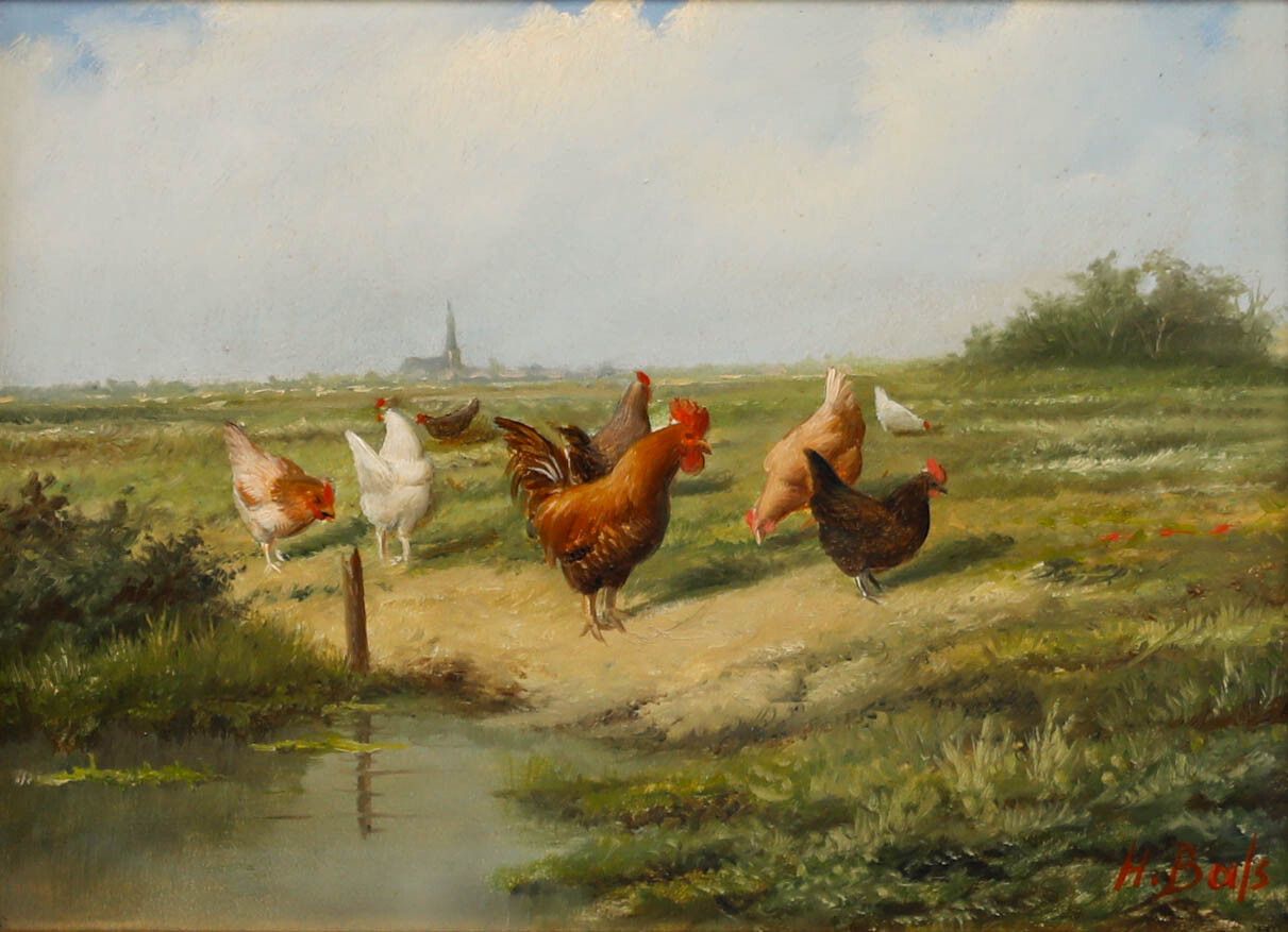 Hilaire Bals (B.1940) Belgium School Oil, Cockerel & Hens In A Landscape photo furniture