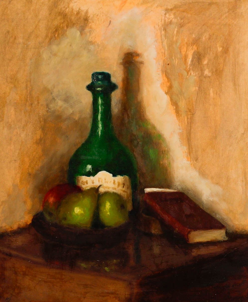 20th Century Oil Green Bottle And Fruit photo furniture