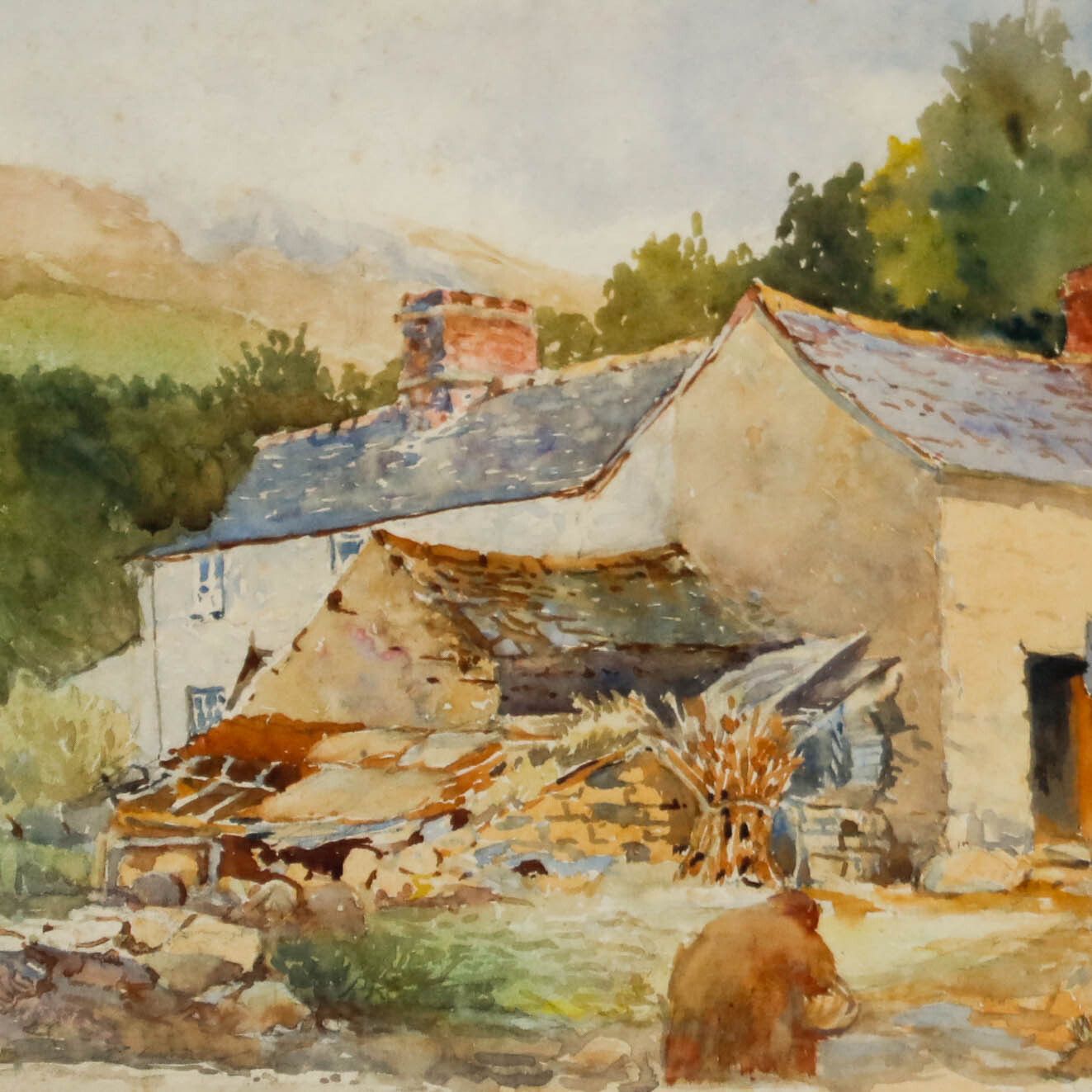 Framed Early 20th Century Watercolour Farm In The Welsh Mountains photo Art