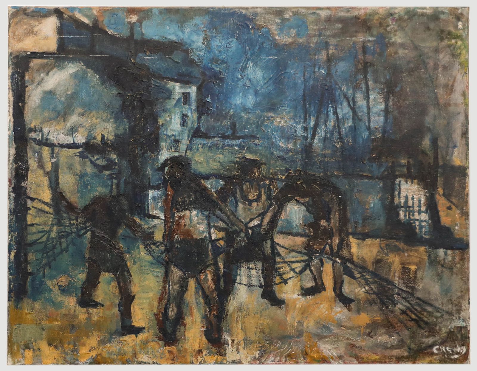Margaret (Johnny) Crosby Mid 20th Century Oil, Hauling Nets, Liverpool Docks