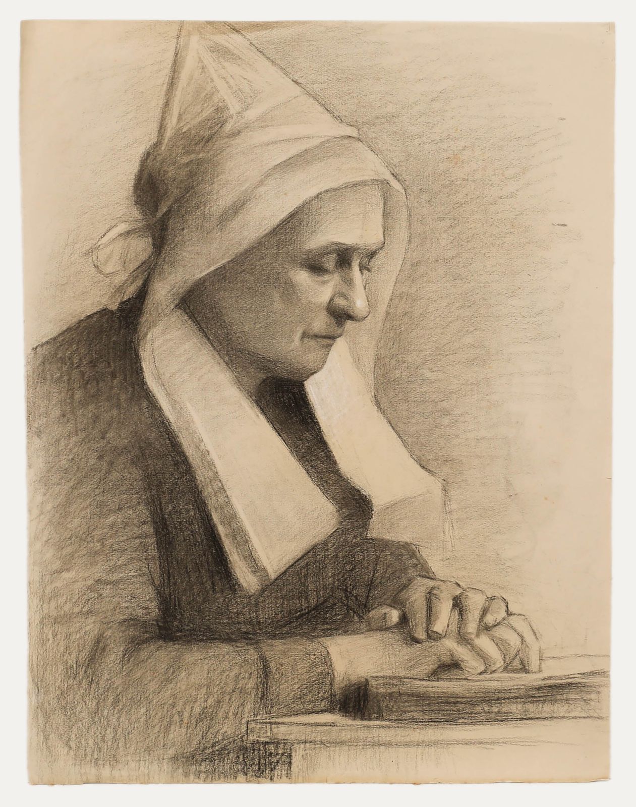 G. Querville Early 20th Century Graphite Drawing, Nun At Prayer photo furniture