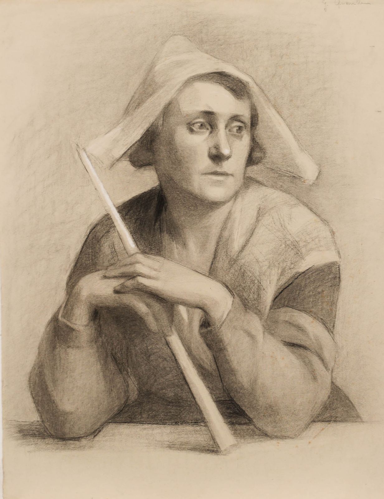 G. Querville 1938 Graphite Drawing, Dutch Woman In Thought