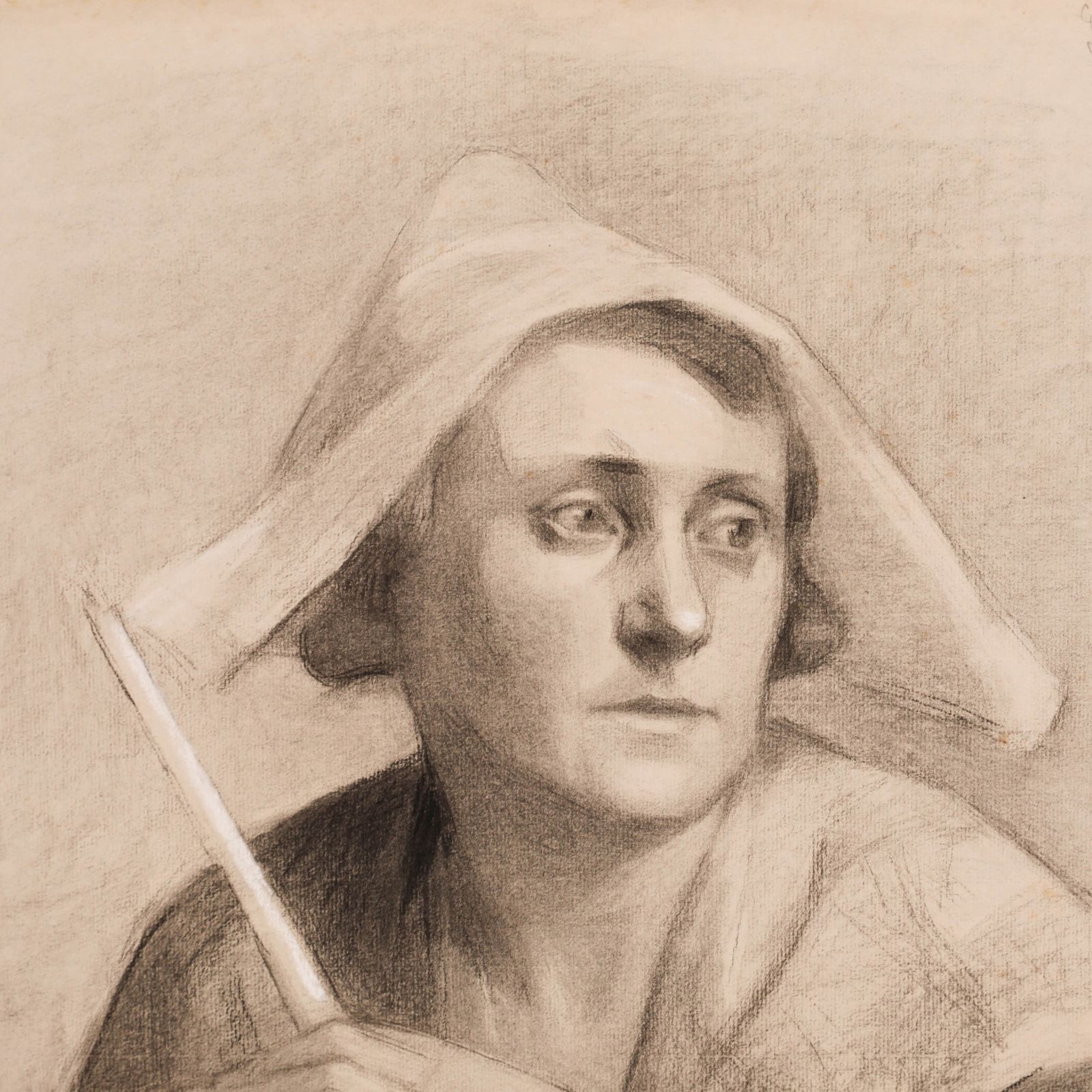G. Querville 1938 Graphite Drawing, Dutch Woman In Thought photo for sale