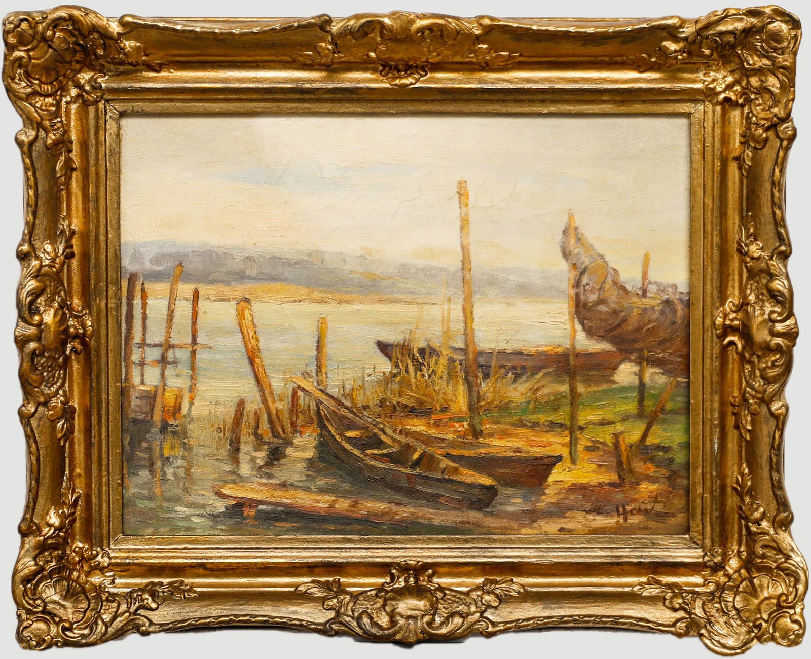 How Framed Mid 20th Century Oil, Fishing Boats On The River