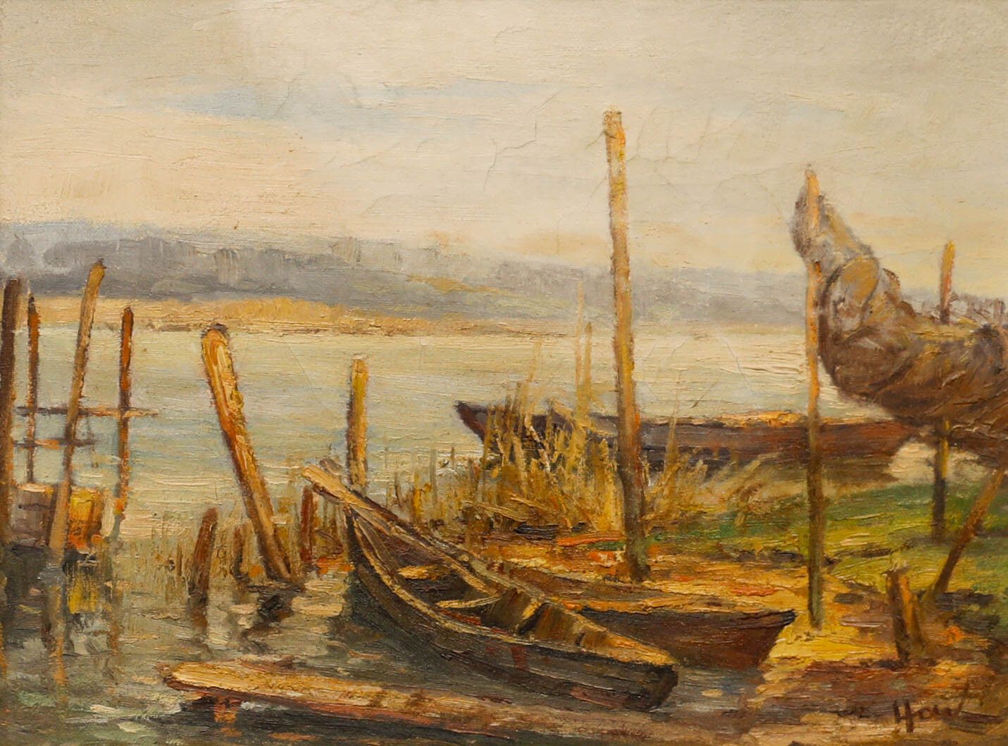 How Framed Mid 20th Century Oil, Fishing Boats On The River photo furniture