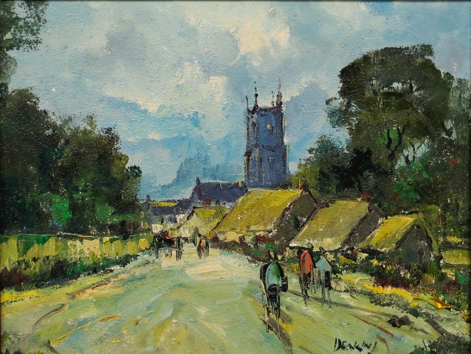 George R. Deakins (1911 1982) Framed Oil, Village Scene With Church Steeple photo furniture