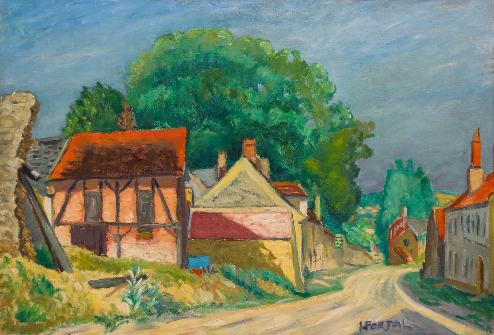 Henry Portal (1890 1982) Mid 20th Century Oil, The Village Road photo furniture