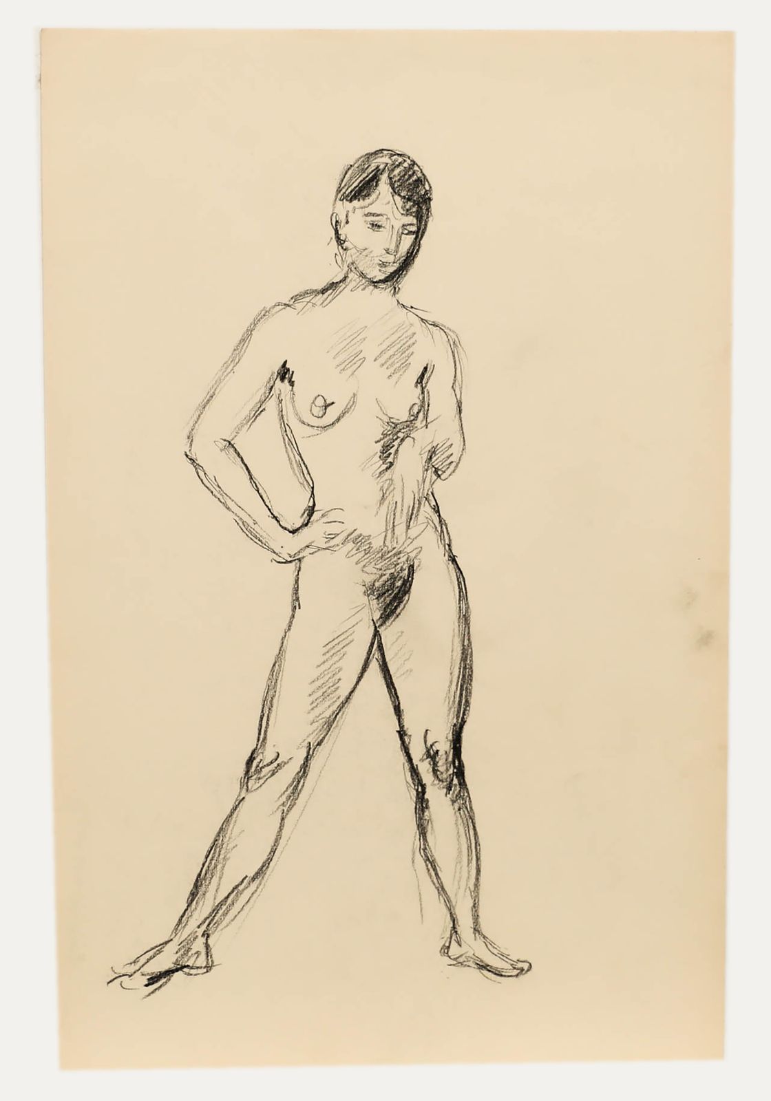 Georges Pacouil (1903 1996) Mid 20th Century Charcoal Drawing, Standing Nude photo furniture