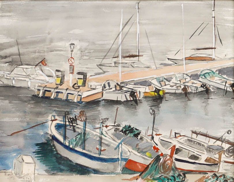 Spanish School Framed 20th Century Watercolour El Port De La Selva photo furniture