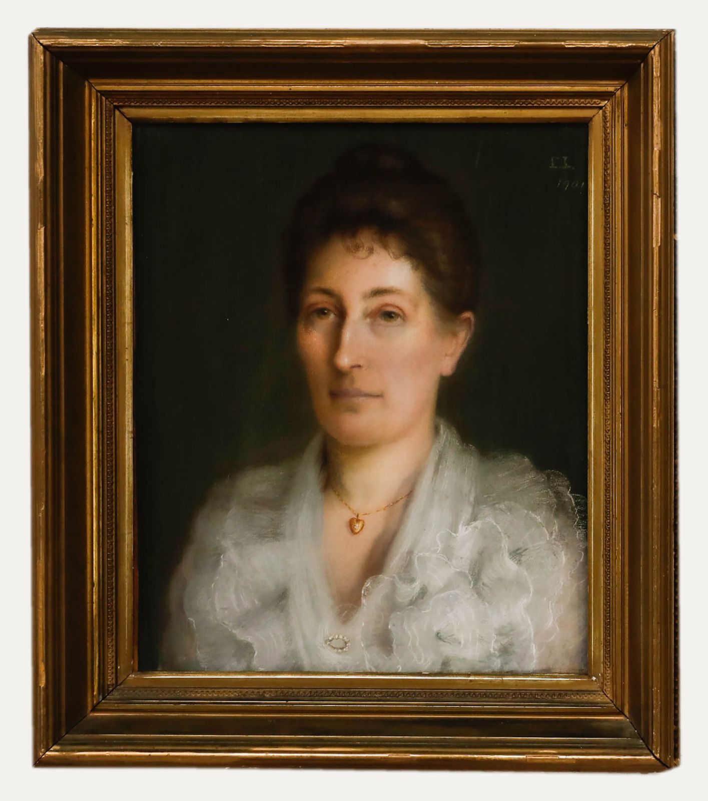 E. L.  English School 1901 Pastel, Lady With The Heart Shaped Locket