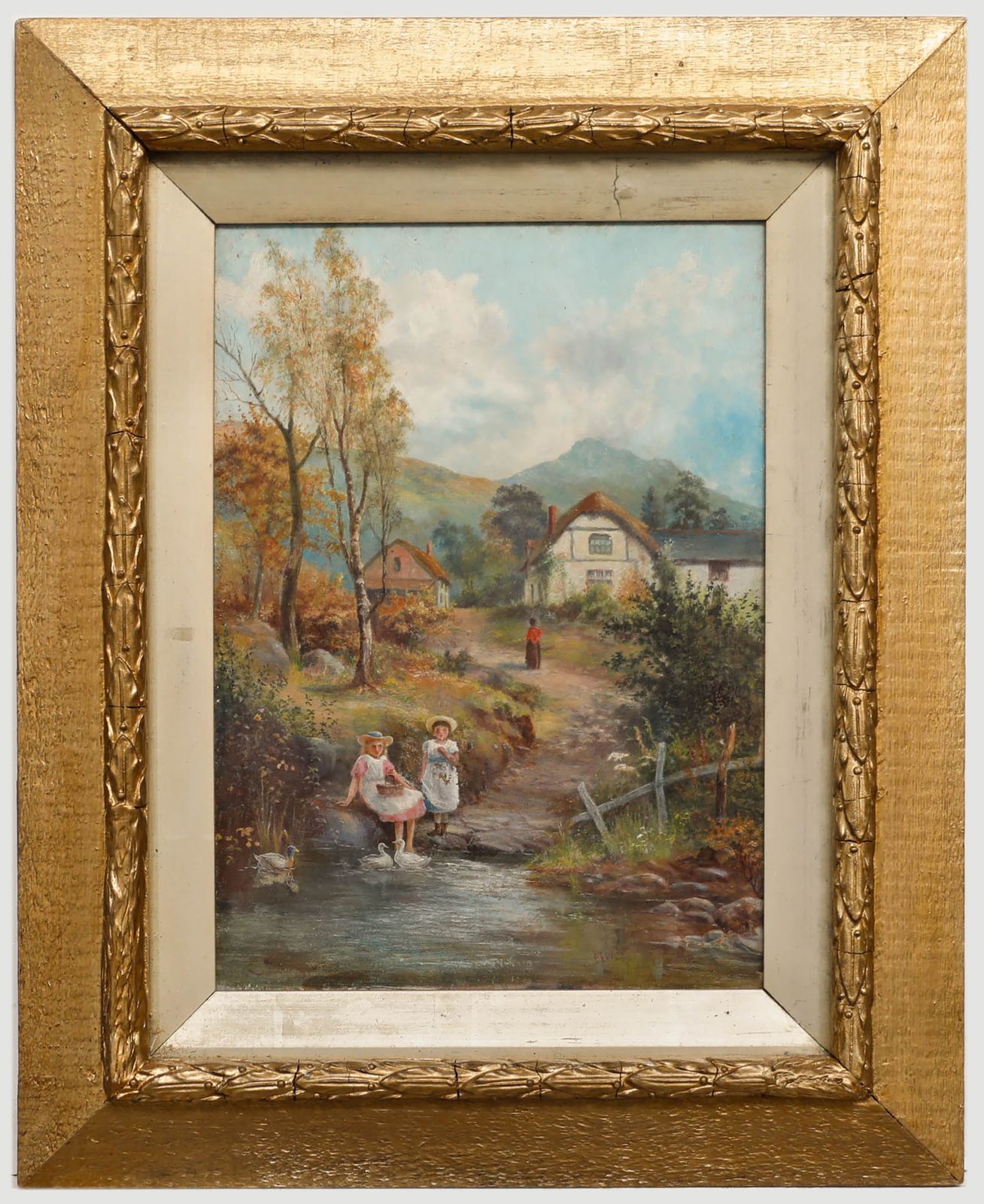E. Edwards Early 20th Century Oil, Feeding The Ducks