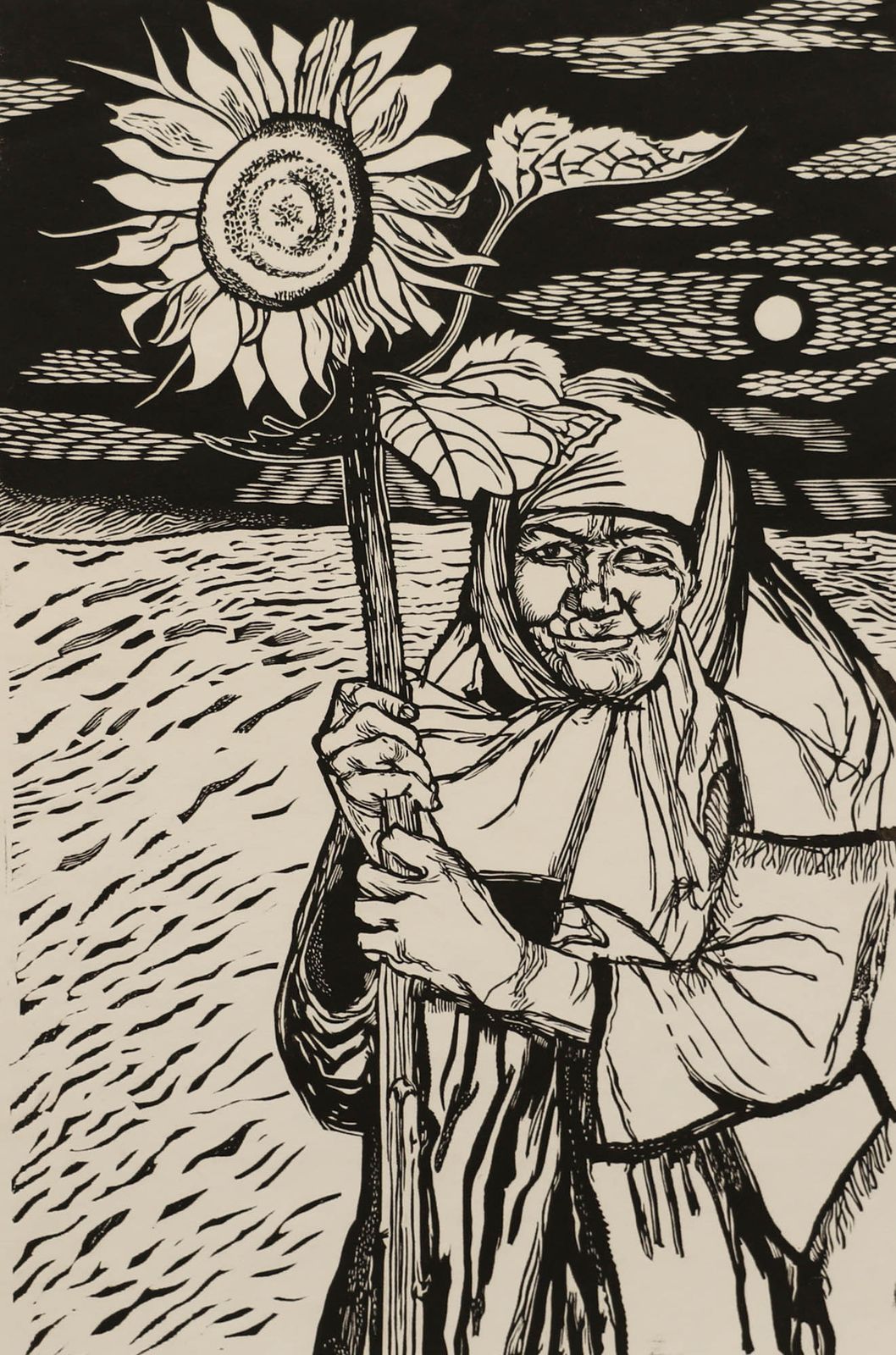David Bethel (1923 2006) Mid 20th Century Linoprint, Peasant And Sunflower