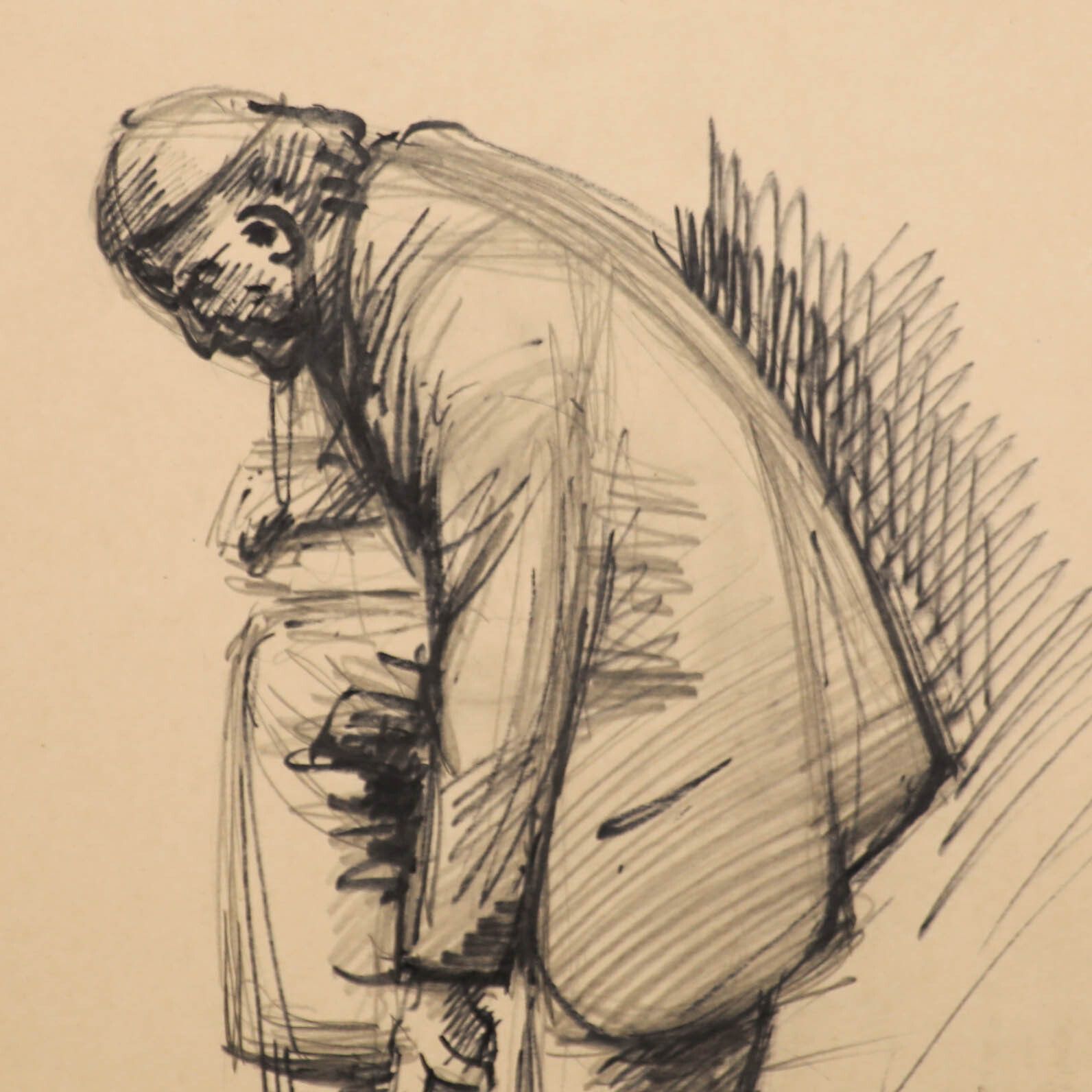 E.P. Clapholt Mid 20th Century Charcoal Drawing, The Shoelace photo Art