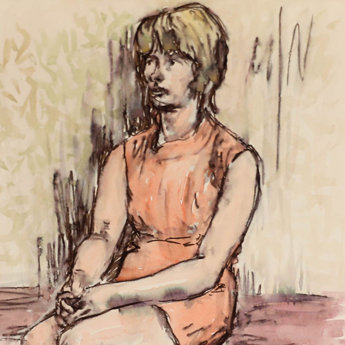 E.P. Clapholt Mid 20th Century Watercolour, The Pink Dress photo Art