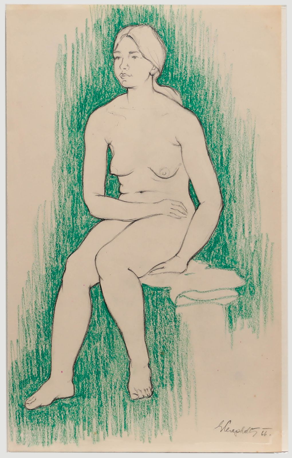 E.P. Clapholt 1966 Pastel, Seated Nude In Green