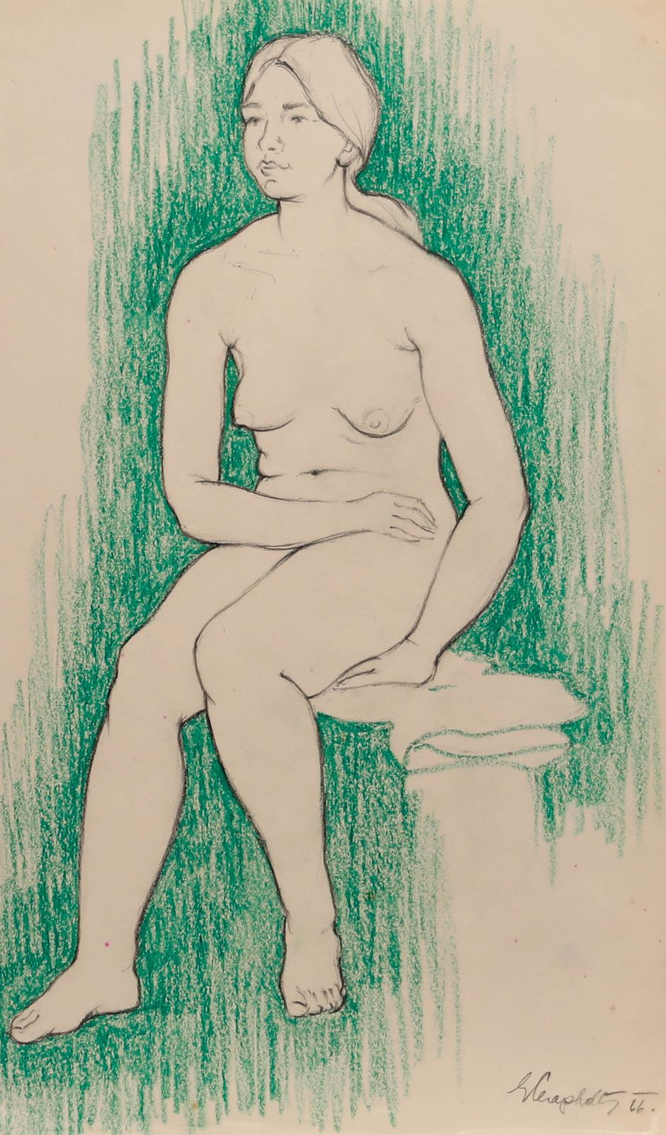 E.P. Clapholt 1966 Pastel, Seated Nude In Green photo furniture