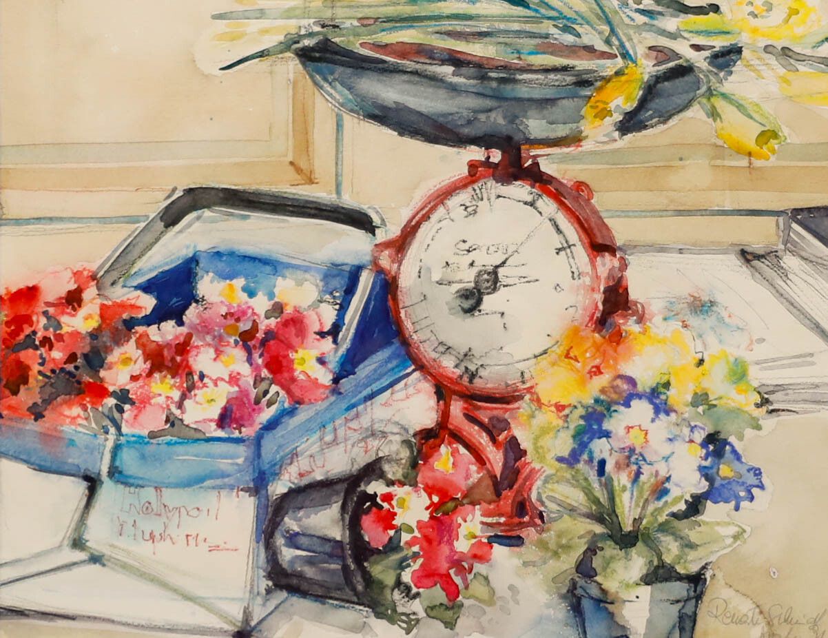 Renate Schmidt Broeker Framed 20th Century Watercolour, The Red Scales photo furniture