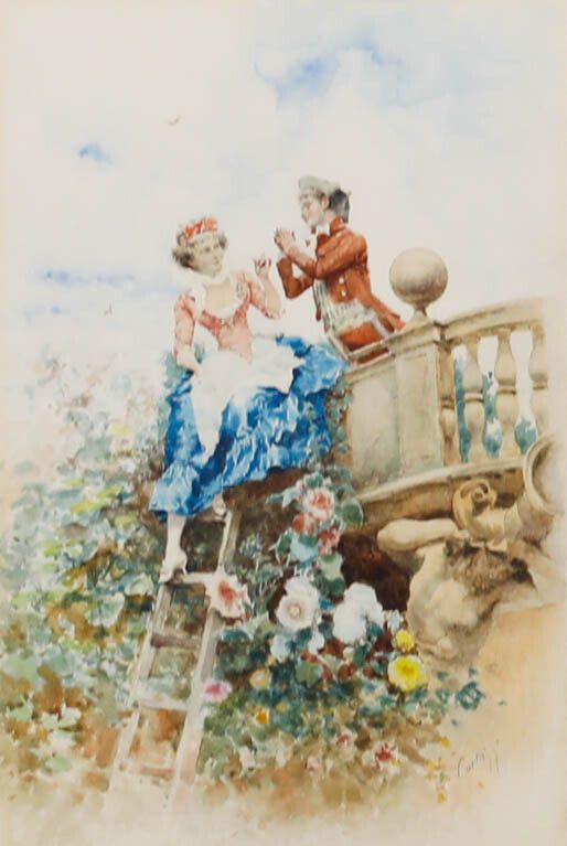 Oreste Cortazzo (1836 1910) French 19th Century Watercolour, A Garden Tryste photo furniture