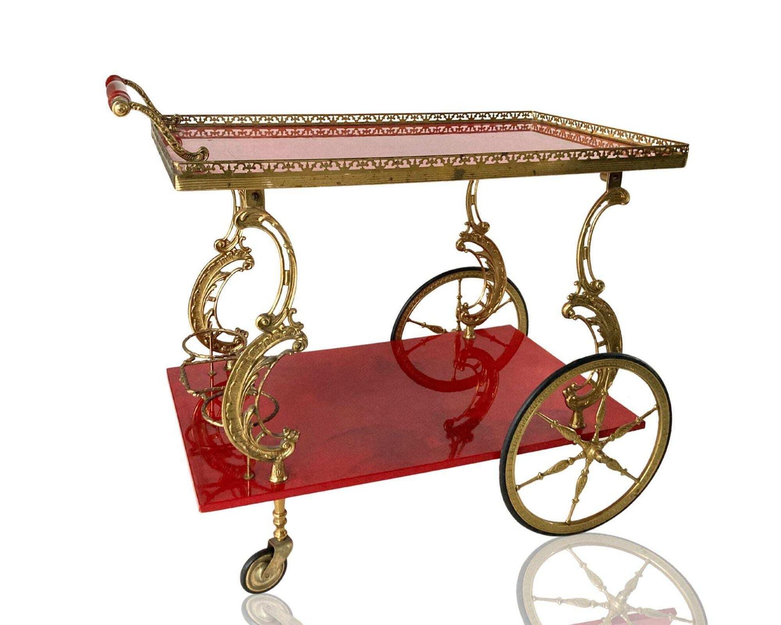 Brass Bar Cart | Red Lacquered Wood | Rococo Style 1950s