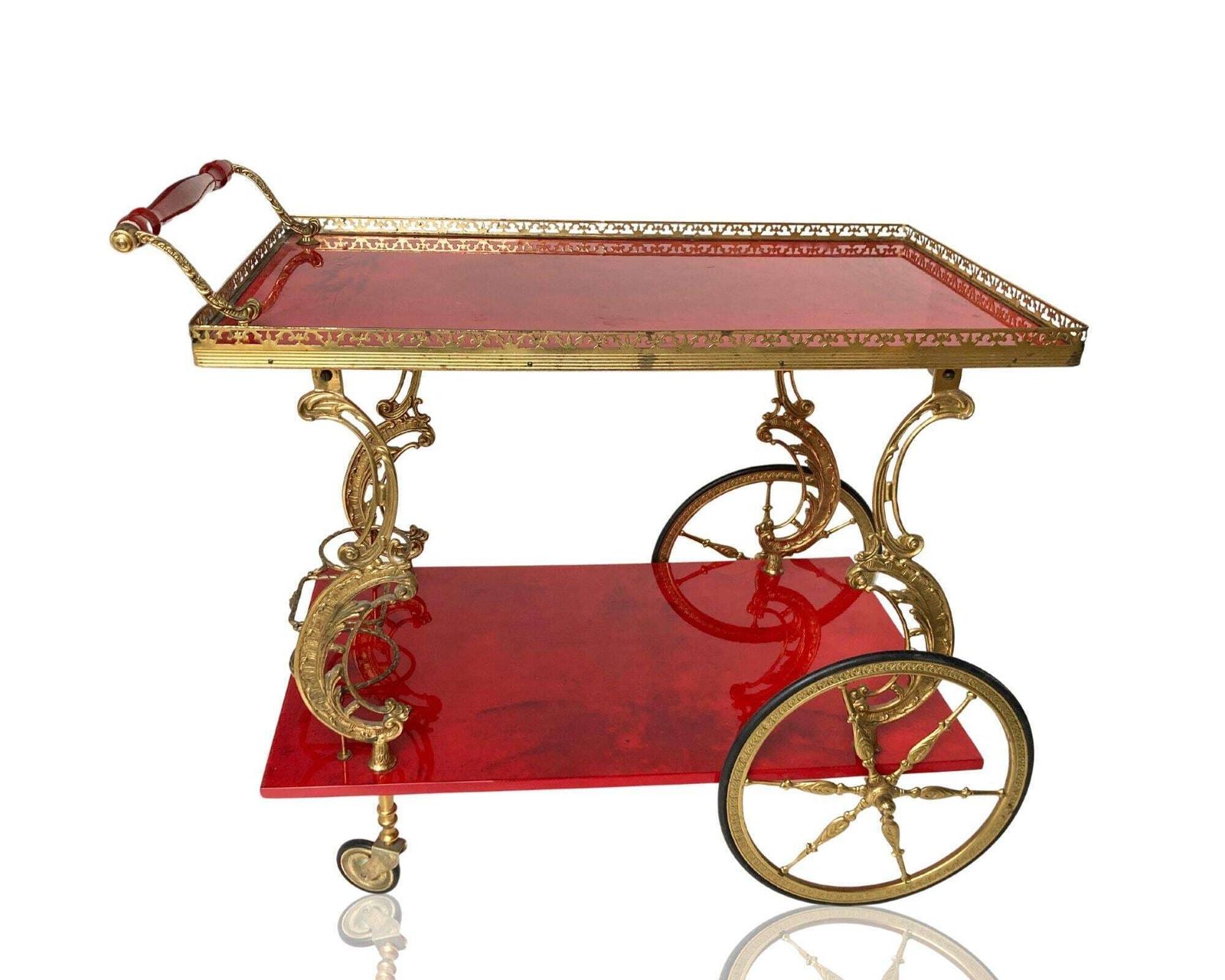 Brass Bar Cart | Red Lacquered Wood | Rococo Style 1950s photo for sale