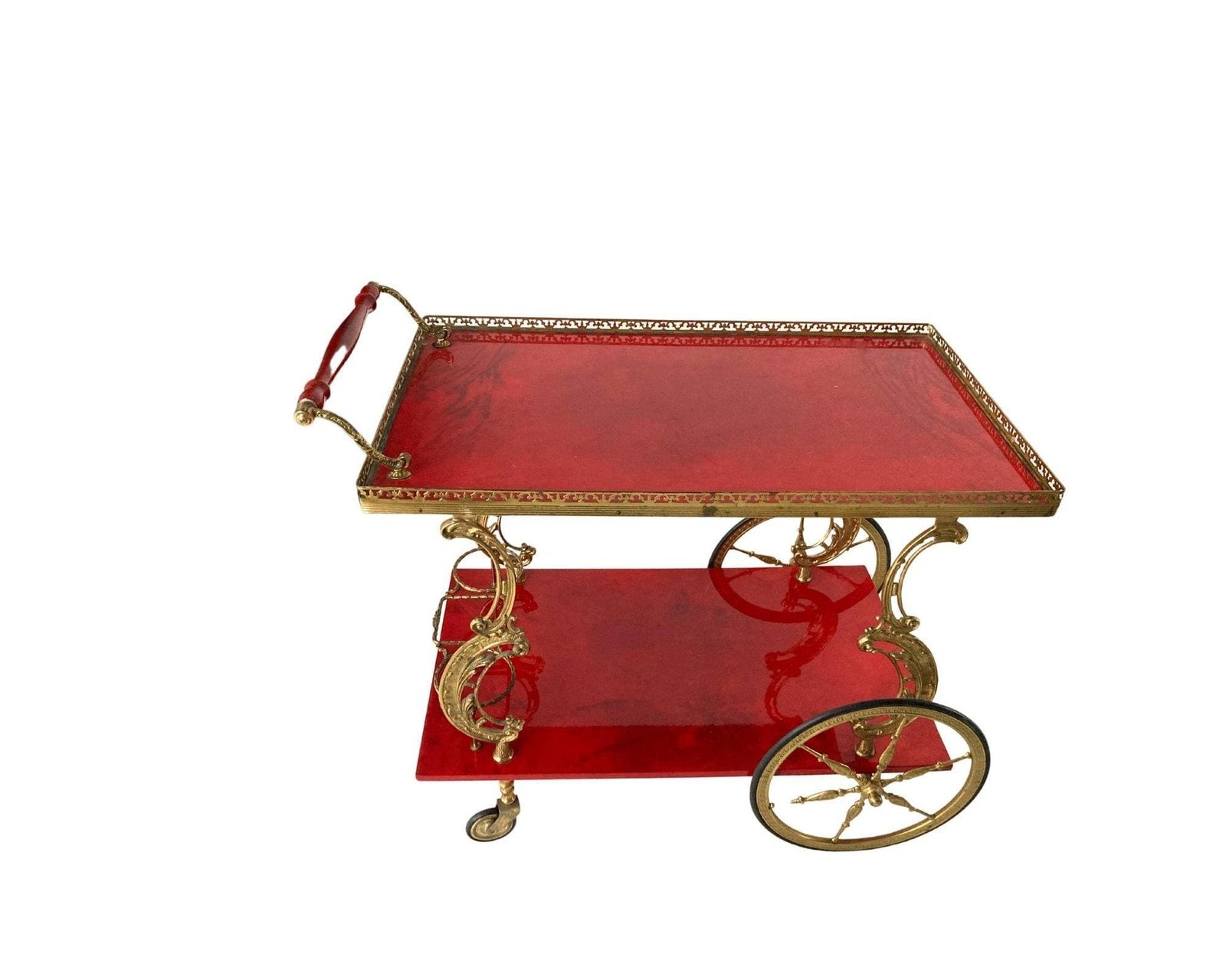 Messing Barwagen | Rood Gelakt Hout | Rococo Stijl Jaren 1950 photo buy