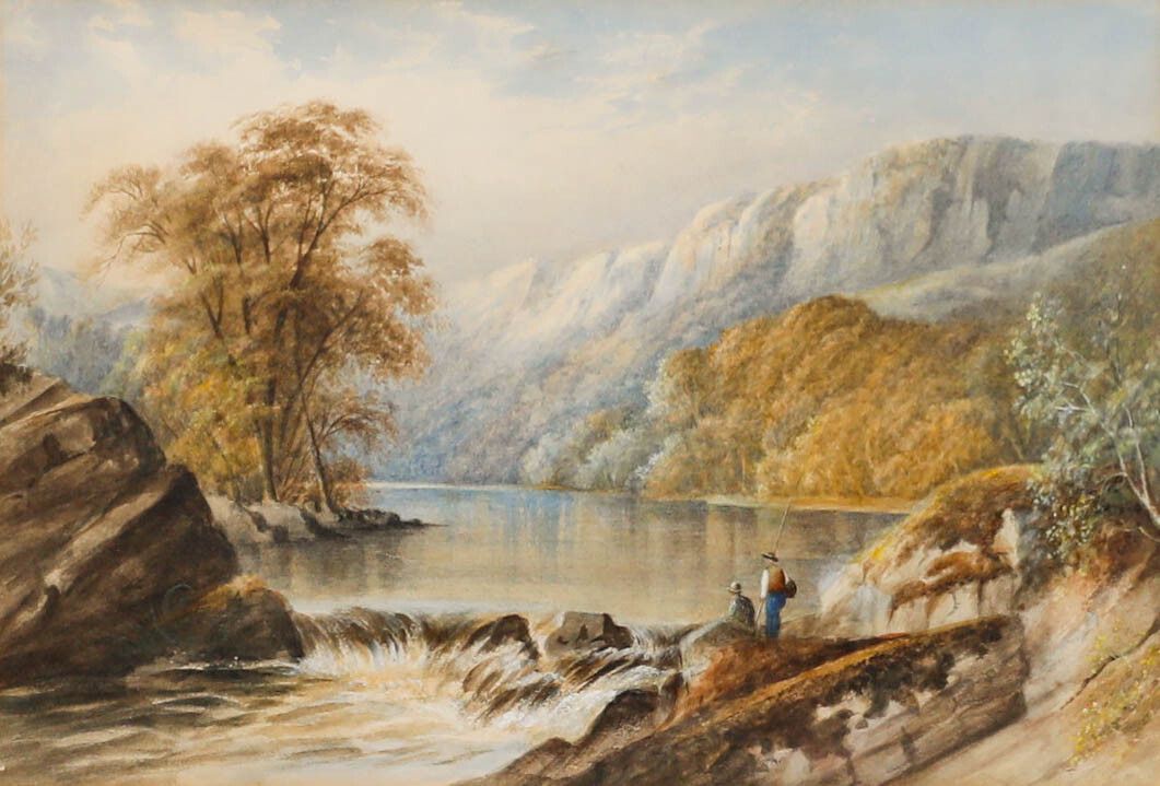 Attrib. Cornelius Pearson (1805 1891) Watercolour, Two Fishermen By A Weir photo furniture
