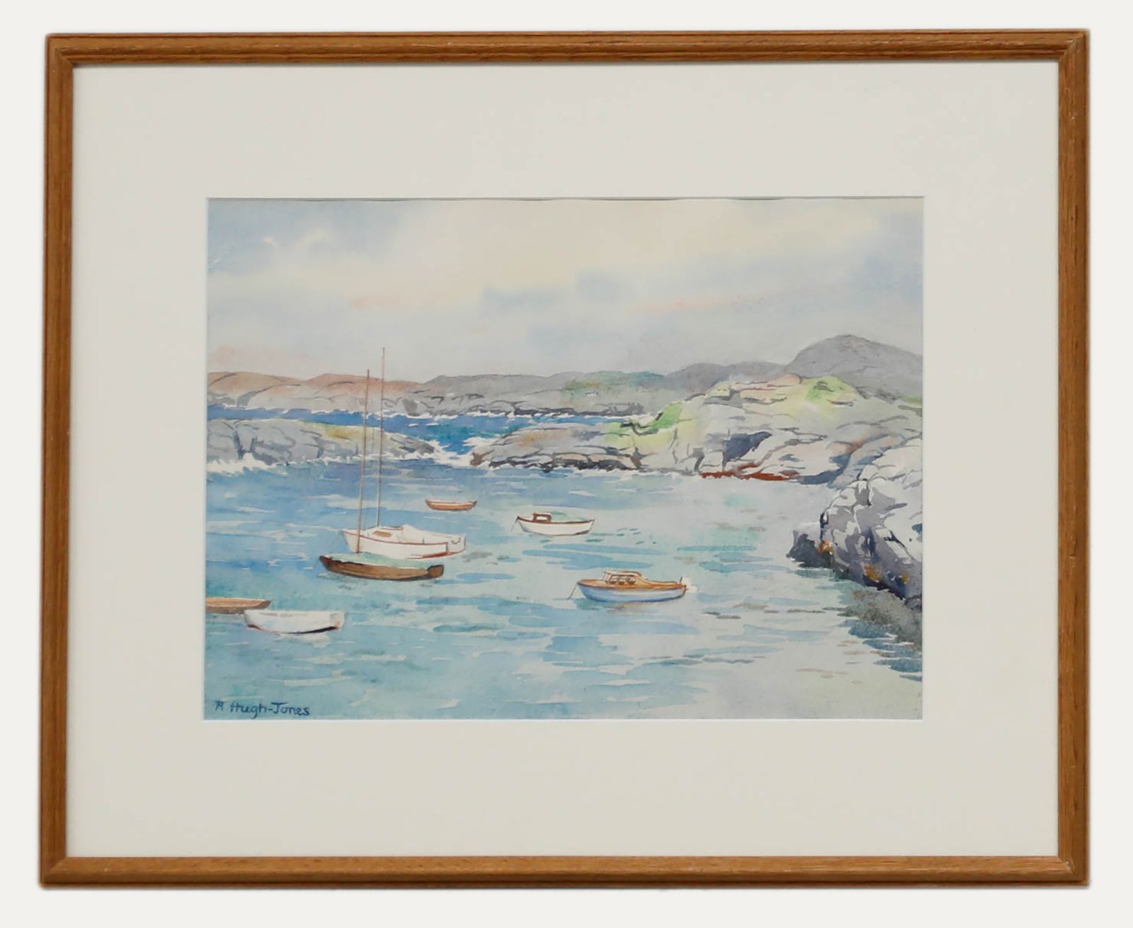 R. Hugh Jones Framed 20th Century Watercolour, Boats Docked By Coastline