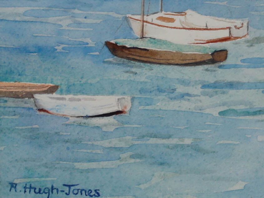 R. Hugh Jones Framed 20th Century Watercolour, Boats Docked By Coastline photo vinterior