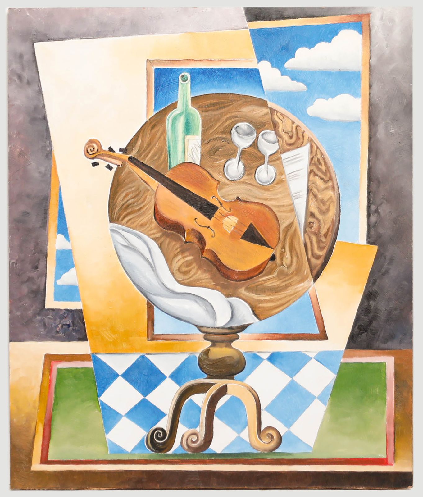 Cubist School Contemporary Oil Still Life With Violin