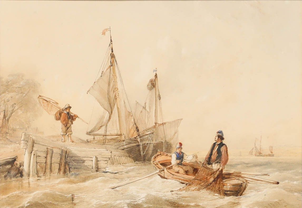 Thomas Sewell Robins (1810 1880) Framed Watercolour, Hauling In The Nets photo furniture