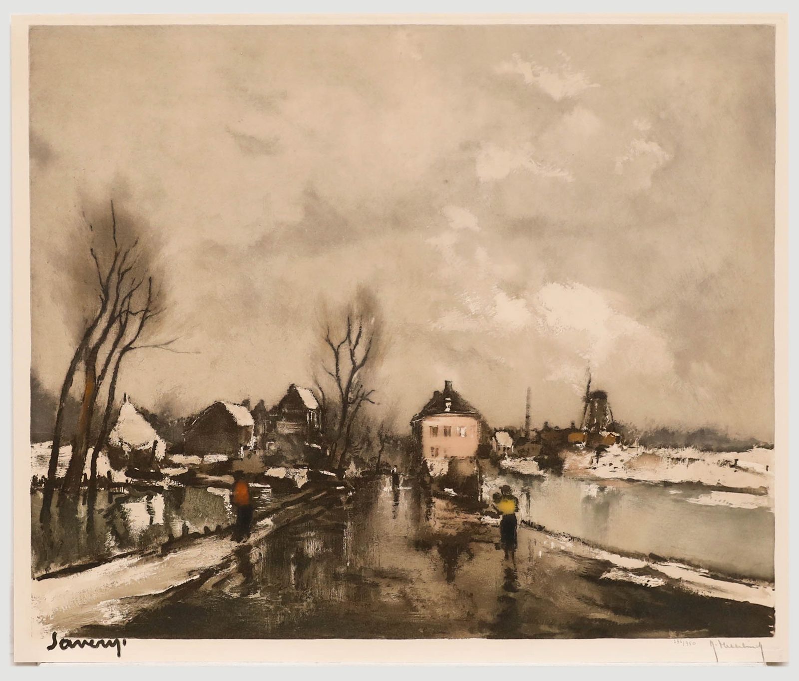 Roger Hebbelinck (1912 1987) 20th Century Aquatint, Winter Town Scene photo furniture