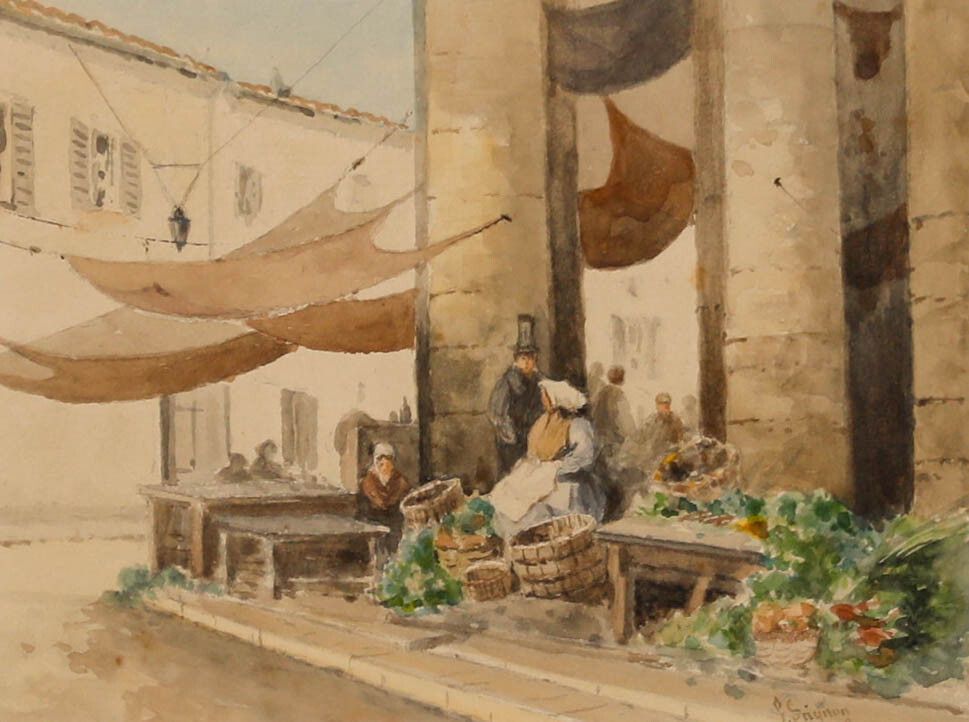 P. Baynon Framed Late 19th Century Watercolour, Preparing Produce For Market photo furniture