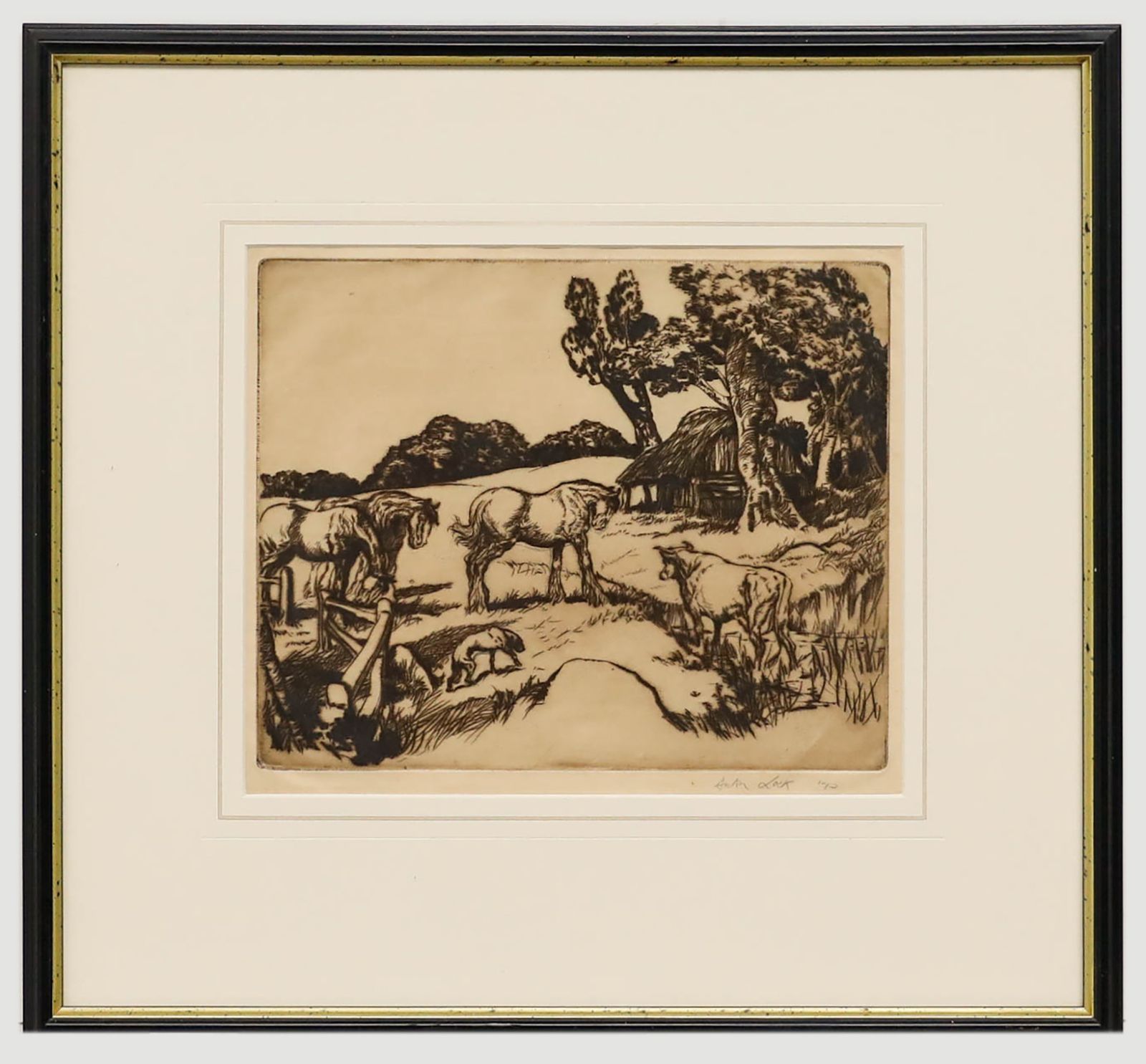 Anton Lock (1893 1970) Framed Early 20th Century Drypoint, Animal Farm