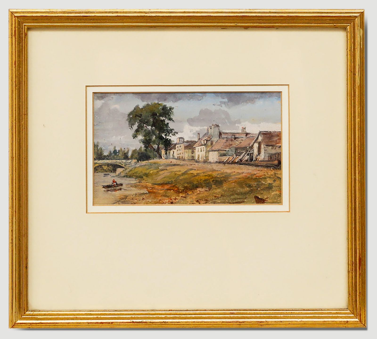 Early 20th Century Watercolour River By The French Village