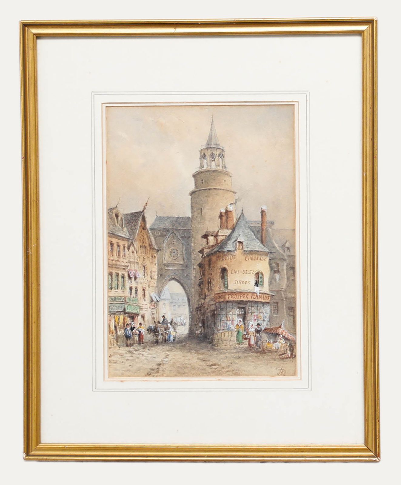 J.B Framed 19th Century Watercolour, A Busy Street In Belgium