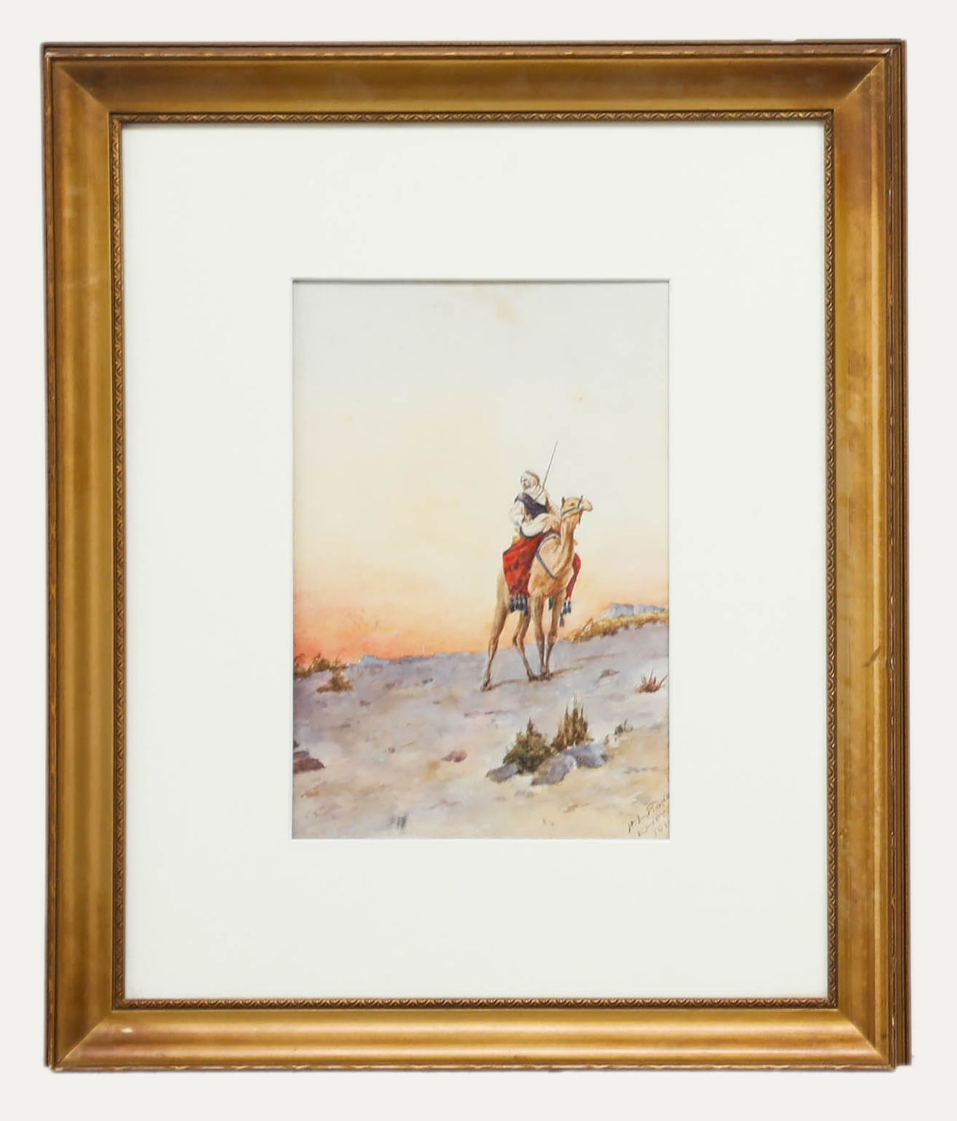 H. L. Pignon Framed Early 20th Century Watercolour, Camel Rider At Sunset