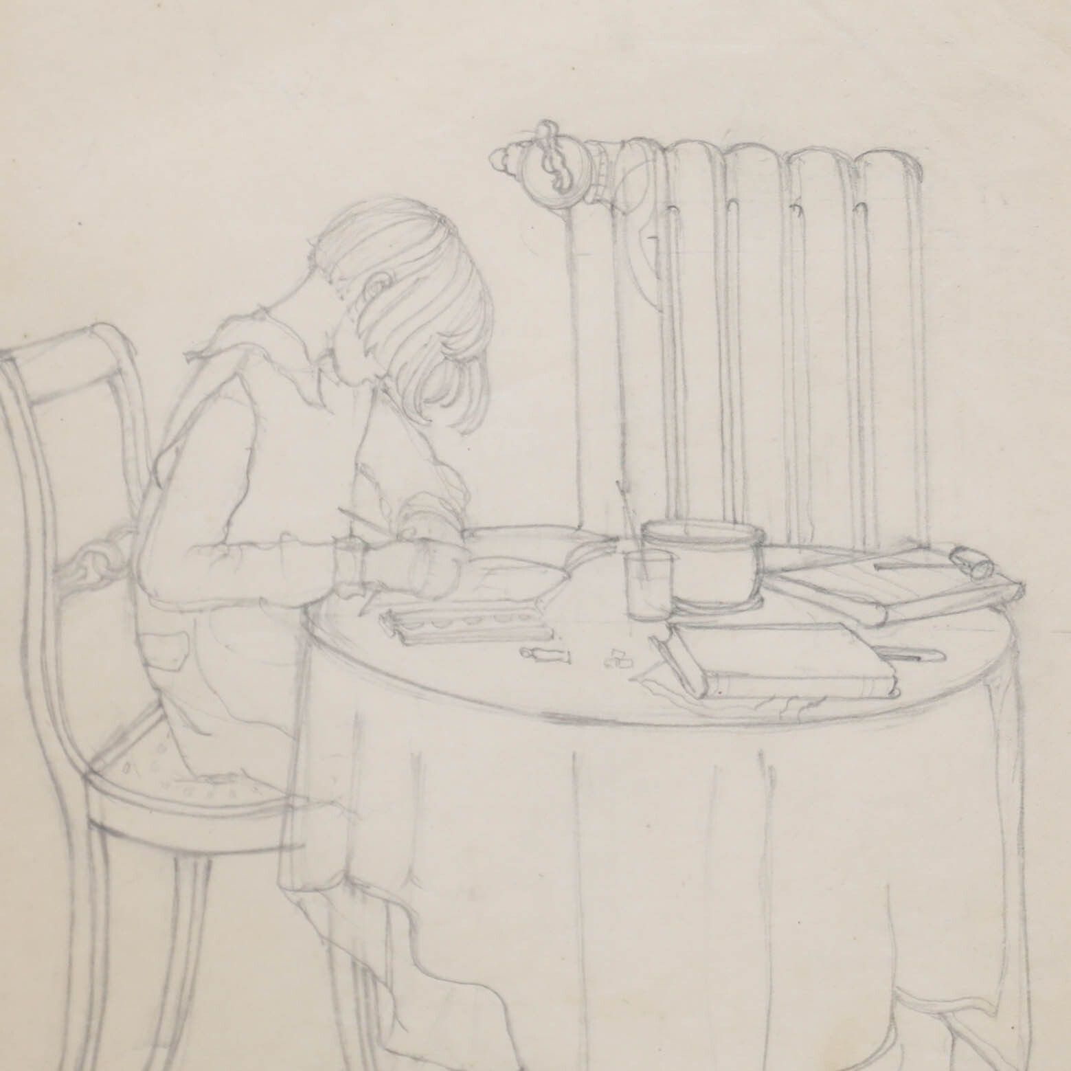 Brynhild Parker (1907 1987) Graphite Drawing, Young Girl Drawing At A Table photo Art