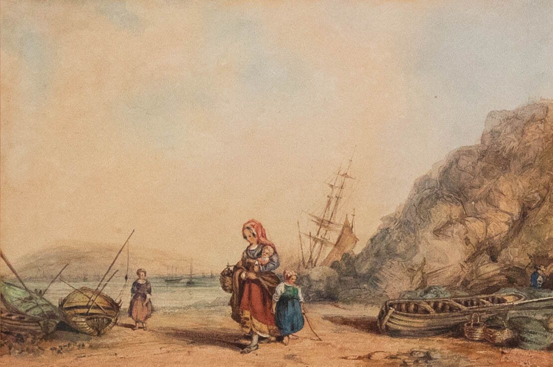 English School 19th Century Watercolour Fisherwoman & Children photo furniture
