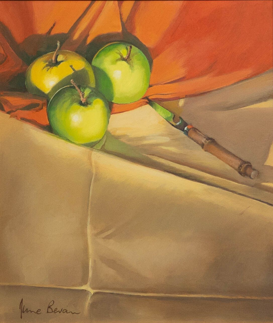 June Bevan (B.1927) 20th Century Oil, Three Granny Smiths photo furniture